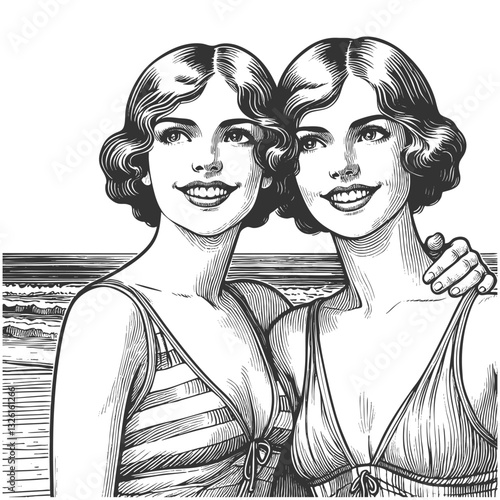 two smiling twin women in swimsuits on a beach, evoking a nostalgic and cheerful summer vibe sketch engraving generative ai vector illustration. Scratch board imitation. Black and white image.