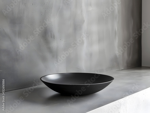 Still life photo of minimalist black pottery bowl on a cement background