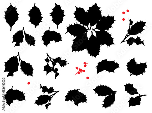 Holly Berries Leaves Icon, Holy Berry Grunge Leaf Symbol, European Ilex Branch silhouette, Xmas Sprig
