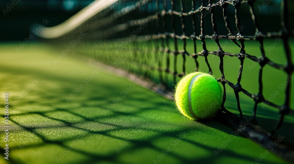 Vibrant tennis court scene with taut net and ball Vibrant tennis court scene with taut net and ball