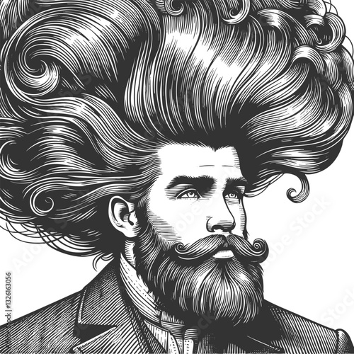 gentleman with an incredibly large, curly hairstyle, blending humor, surrealism, and vintage artistic style sketch engraving generative ai vector illustration. Scratch board. Black and white image.