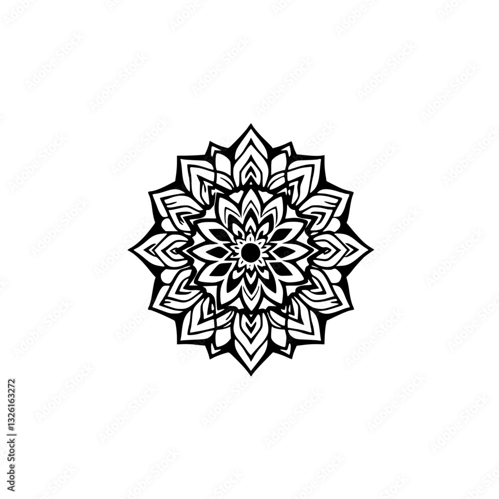 Black and white mandala illustration featuring symmetrical floral design and intricate patterns on a clean, minimalist white background.
