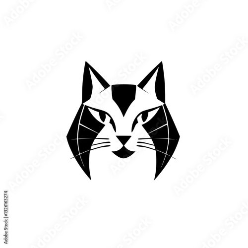 Geometric Black and White Cat Face Illustration, featuring a stylized representation of a feline head with sharp angles, emphasizing its eyes and whiskers.