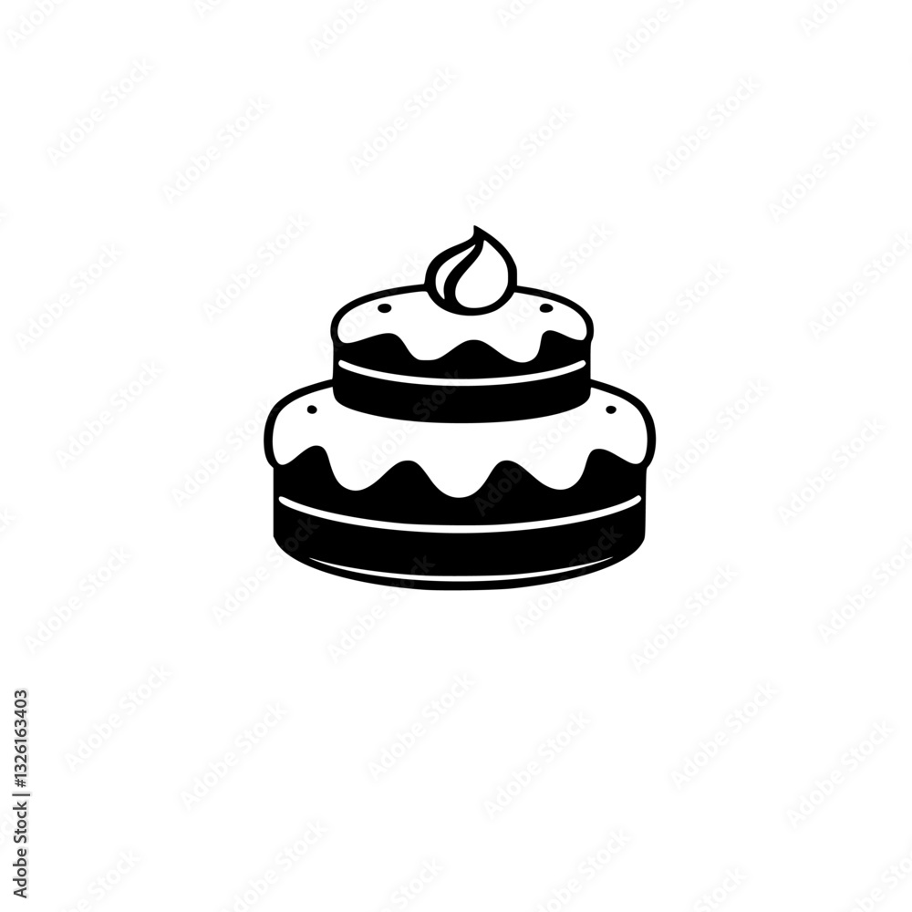 Two-tiered Black and White Cake Icon with a single flame topping in a minimalistic style, against a white background. Two-tiered Black and White Cake Icon with a single flame topping in a minimalistic style, against a white background.