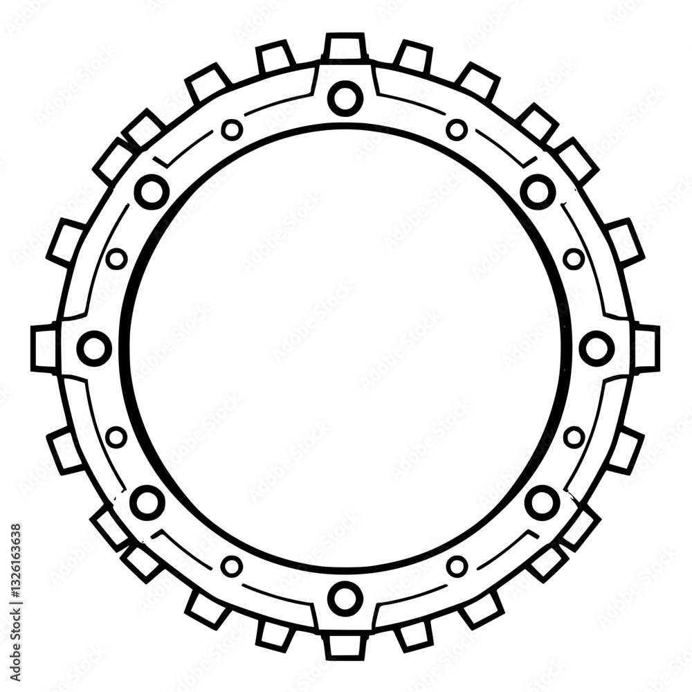 Isolated black and white cogwheel-like design with square teeth, circles, and a minimalist technological aesthetic, resembling a futuristic interface element. Isolated black and white cogwheel-like design with square teeth, circles, and a minimalist technological aesthetic, resembling a futuristic interface element.