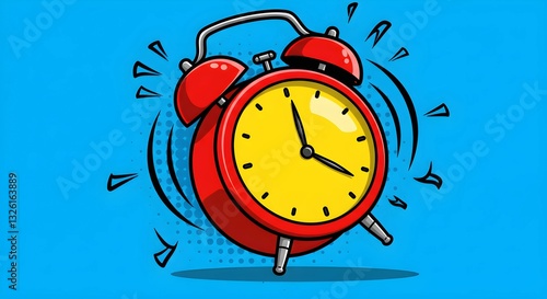 A vibrant vector illustration of a ringing alarm clock in comic book style, featuring bold lines, dynamic effects, and energetic motion.