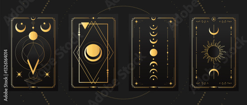 Set of golden abstract tarot cards with geometric shapes, stars and crescents. Mystery, astrology, alchemy. Vector illustration