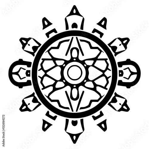 Bold Black and White Buddhist Dharma Wheel Symbol with Intricate Spoke Pattern and Decorative Outer Elements on White Background.