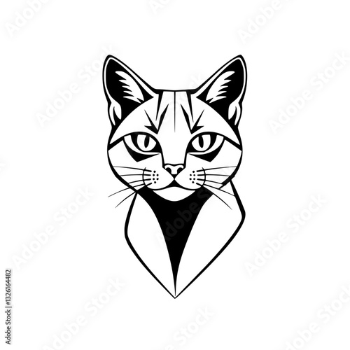 Intricate black and white stylized illustration of a cat's face, showing piercing eyes, geometric features, and elegant lines against a stark white background.