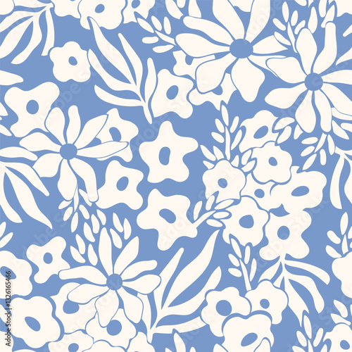 Bold maximalist botanical vector background. Modern floral abstract seamless pattern. Groovy allover print with tropical leaves and flowers