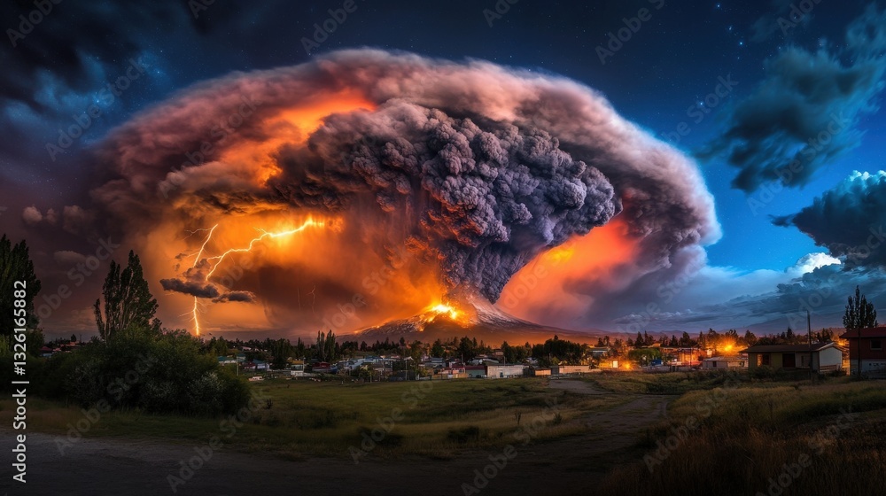 Fototapeta premium A dramatic explosion from a volcanic peak, with a giant ash cloud spreading across the sky and lightning bolts striking through it