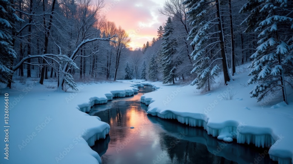 A frozen river meanders through a dense winter forest, its icy surface shimmering with twilight hues. Frost-covered trees line the banks, enhancing the serene, magical atmosphere. A frozen river meanders through a dense winter forest, its icy surface shimmering with twilight hues. Frost-covered trees line the banks, enhancing the serene, magical atmosphere.