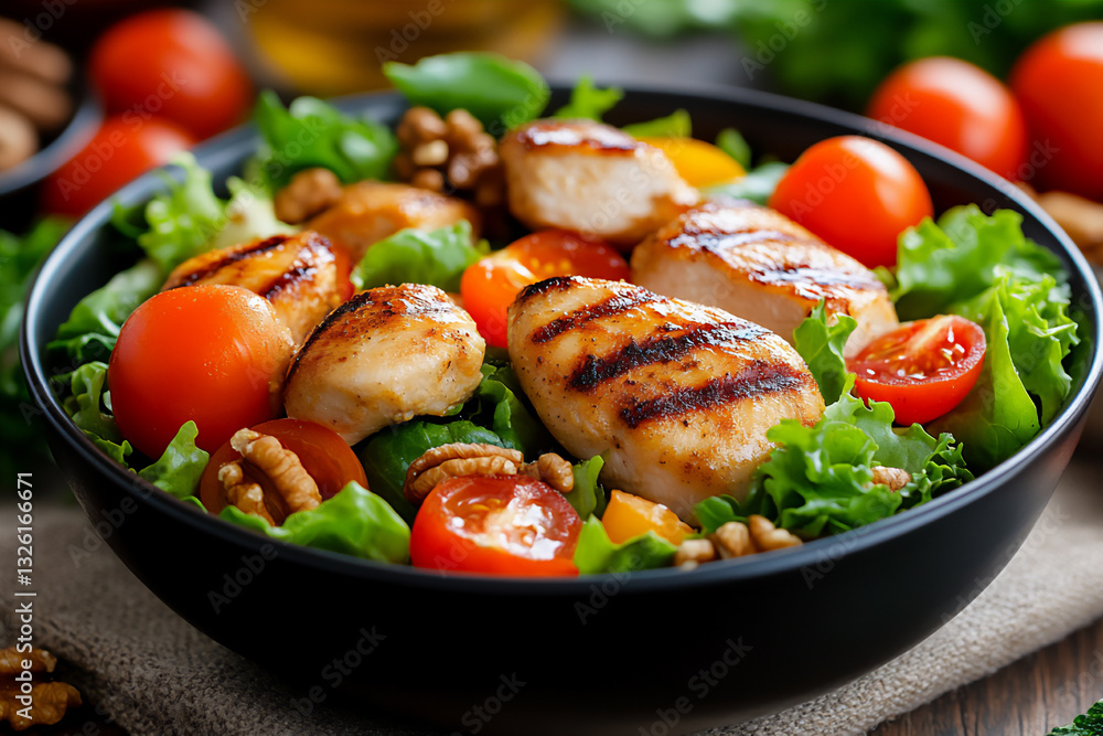 a delicious salad with mixed lettuce, chicken pieces, and walnuts on top. a delicious salad with mixed lettuce, chicken pieces, and walnuts on top.