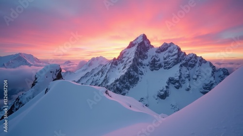 A majestic snow-capped mountain ridge bathed in the soft pink glow of sunrise, towering peaks rising above a sea of clouds, creating a breathtaking, ethereal panorama.