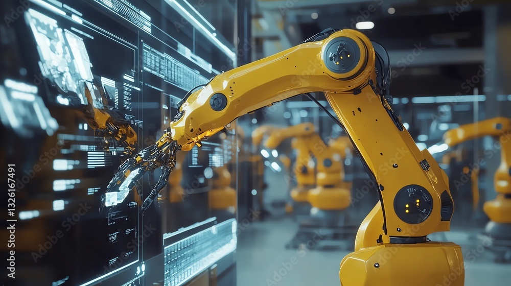 Robotic Arm Working with Digital Interface in Advanced Manufacturing Factory Robotic Arm Working with Digital Interface in Advanced Manufacturing Factory