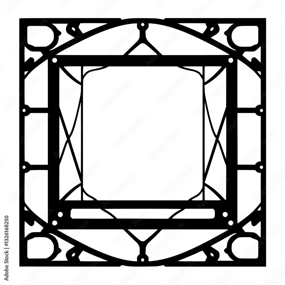 Intricate Black and White Geometric Grille Design with Square Center and Ornate Borders on White Background, symmetrical architectural abstract. Intricate Black and White Geometric Grille Design with Square Center and Ornate Borders on White Background, symmetrical architectural abstract.