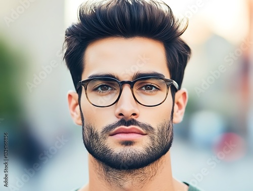 Portrait of a Young Man with Eyeglasses Standing Outside Casual and Confident Look Detailed photo