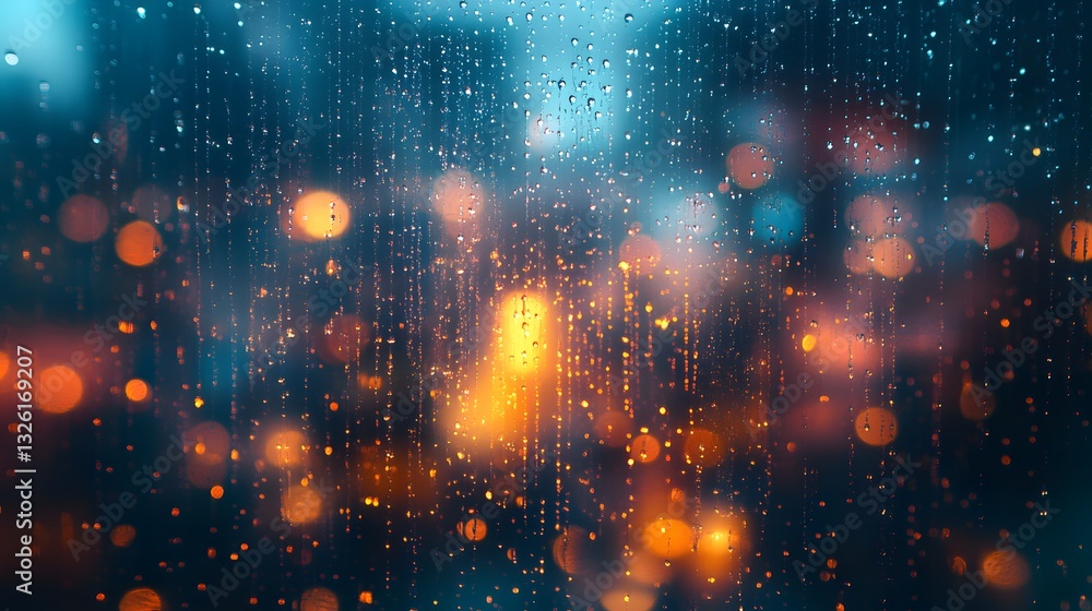 Rainy Night Cityscape Abstract Bokeh Lights Through Wet Window Pane Rainy Night Cityscape Abstract Bokeh Lights Through Wet Window Pane