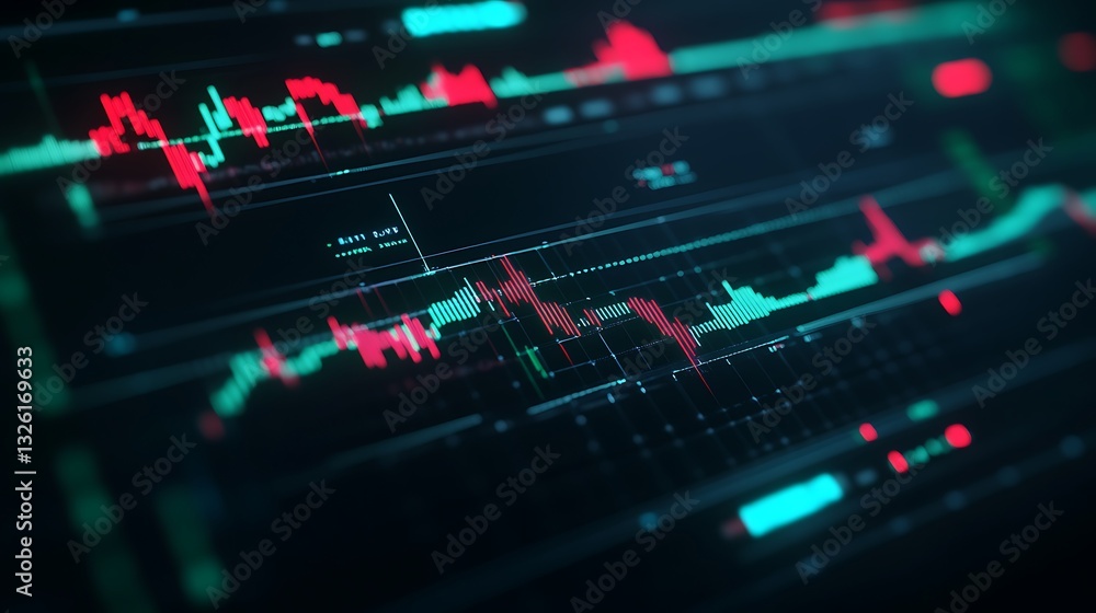 Fototapeta premium Abstract Digital Finance Concept with Stock Market Data Visualization and Trend Analysis in Dark Environment