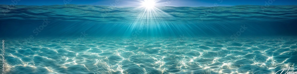 Obraz premium Sunbeams, Vibrant Blue Water. Realistic Underwater Ocean Scene, Sunlight Breaking the Surface