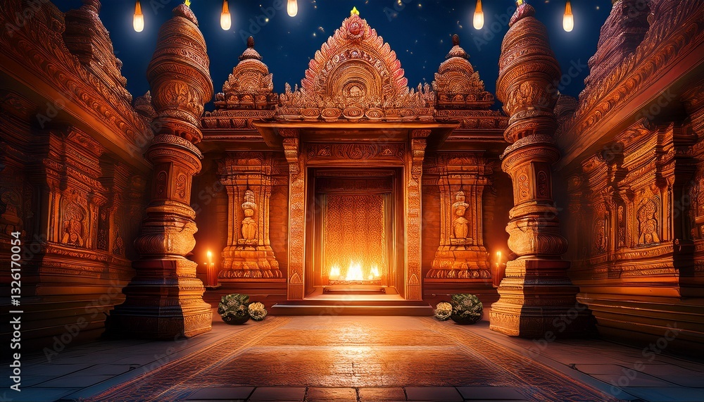 Obraz premium An awe-inspiring sacred Hindu temple entrance featuring intricate ornate carvings, glowing torches, and a profoundly spiritual ambiance. A gateway to the divine