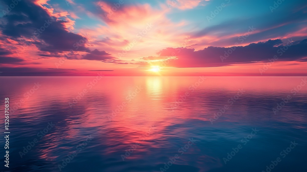 Obraz premium Breathtaking Sunset over Tranquil Ocean Waves with Fiery Skies and Soft Colors Creating Peaceful Ambiance