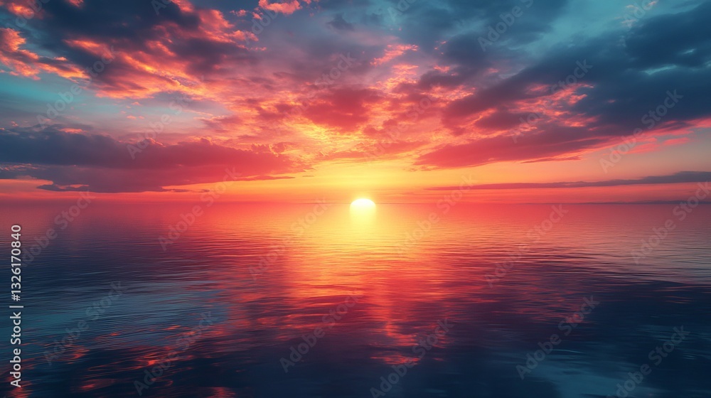 Naklejka premium Vibrant Sunset Over Tranquil Ocean Waters with Fiery Orange Sky Creating a Peaceful Coastal Scene