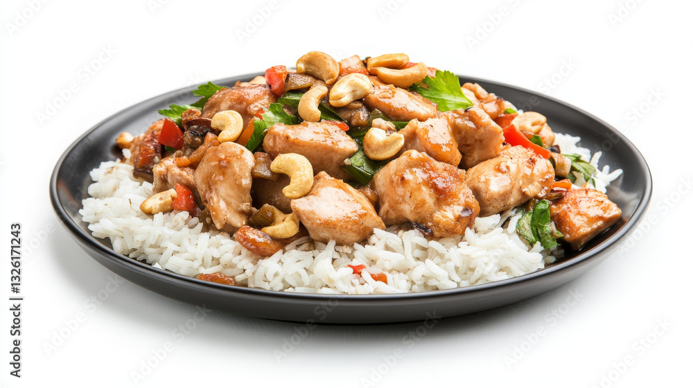 A vibrant dish featuring tender chicken pieces stir-fried with cashews, colorful vegetables, and aromatic herbs, all served on fluffy white rice. Perfect for a hearty lunch or dinner A vibrant dish featuring tender chicken pieces stir-fried with cashews, colorful vegetables, and aromatic herbs, all served on fluffy white rice. Perfect for a hearty lunch or dinner
