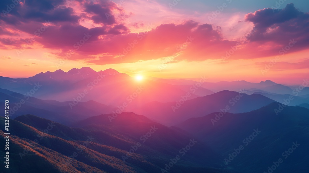 Fototapeta premium Breathtaking Sunset Illuminating Majestic Mountain Range with Vibrant Hues and Tranquil Atmosphere