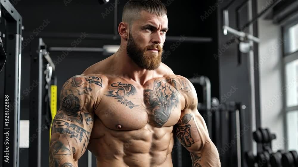 Muscular individual engages in a focused workout at a gym, showcasing dedication to fitness and strength training with impressive muscle definition and technique Muscular individual engages in a focused workout at a gym, showcasing dedication to fitness and strength training with impressive muscle definition and technique