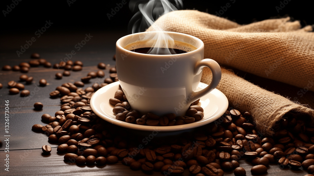 Fototapeta premium Steaming cup of coffee with beans and burlap sack