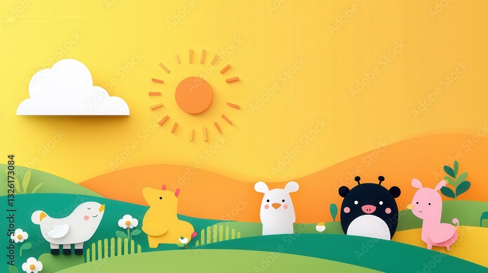 A children illustration of animals planting rice in a colorful field A children illustration of animals planting rice in a colorful field