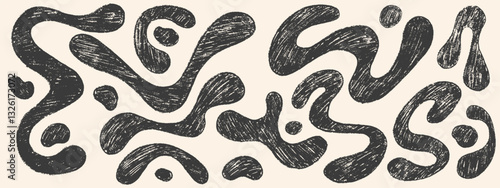 Funky crayon organic liquid shapes and fluid forms. Various bubbles, organic irregular shapes with pencil texture. Bold hand drawn lines, spots. Crayon drawn colorful vector illustrations.