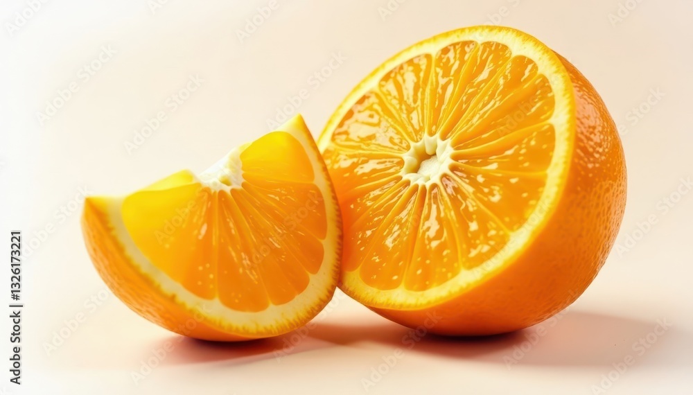 Juicy orange, cut side visible, segments visible , tasty, texture Juicy orange, cut side visible, segments visible , tasty, texture