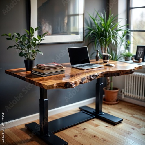 Live edge workspace. Modern home office featuring a natural wood slab desk with laptop, plants, and decorative items in a bright room with large windows.