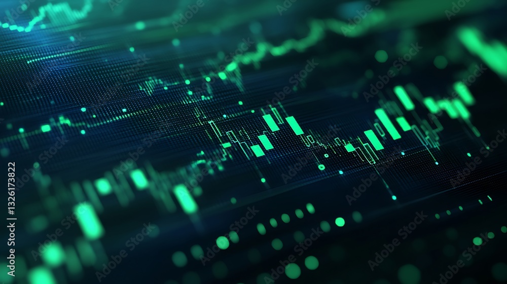 Abstract digital stock market chart with glowing green lines and candlestick patterns on dark background Abstract digital stock market chart with glowing green lines and candlestick patterns on dark background