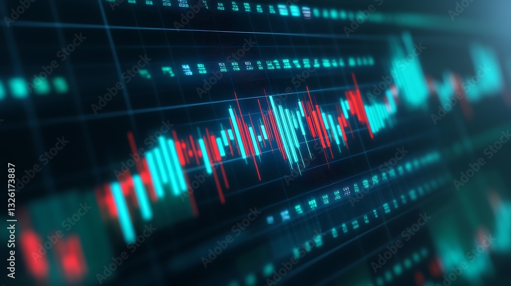 Fototapeta premium Abstract digital stock market chart with glowing lines and blinking data, representing financial analysis and trading