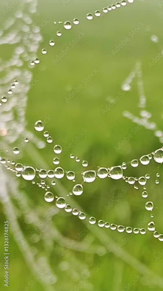 Close-up of spider web covered with morning dew against a green crop field - vertical real footage Close-up of spider web covered with morning dew against a green crop field - vertical real footage