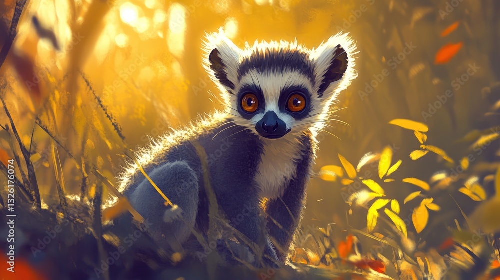 Fototapeta premium A Cute Ring Tailed Lemur Posed Within Lush Golden Sunlight