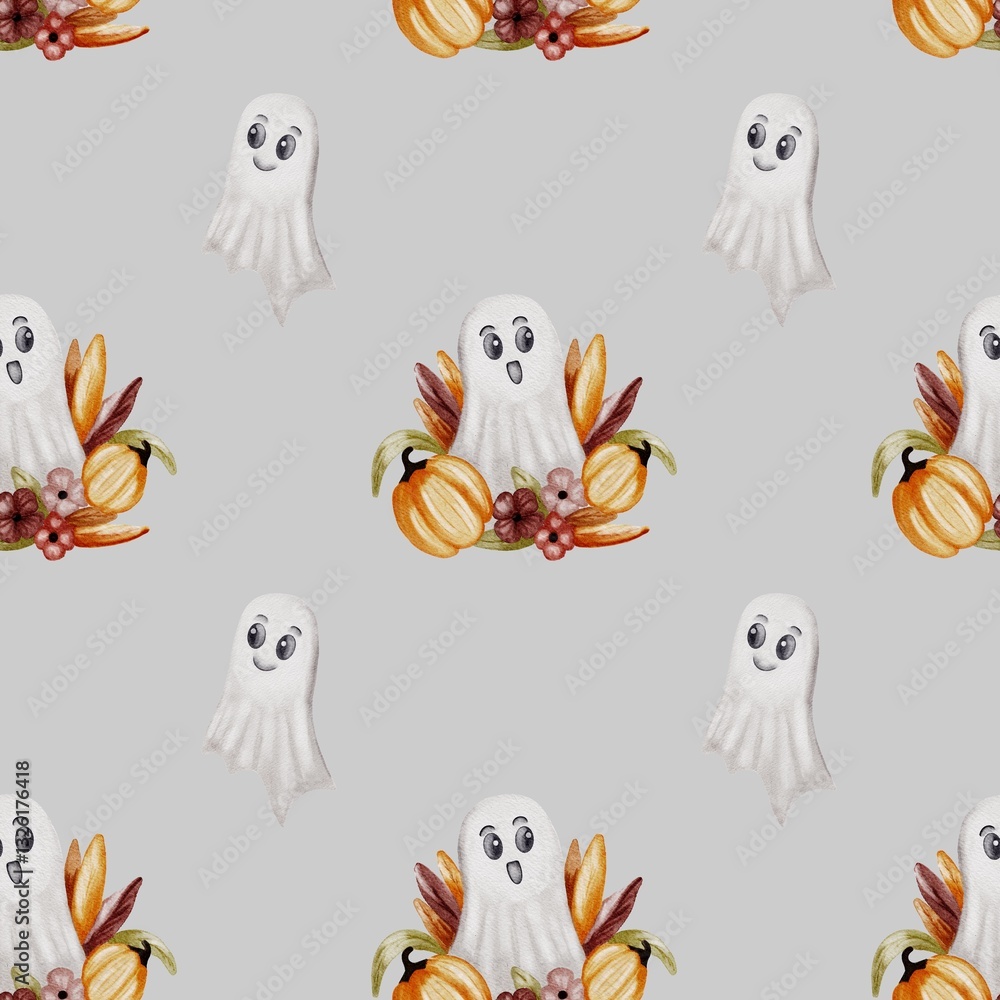 Obraz premium Charming Halloween pattern featuring friendly ghosts and autumn harvest elements