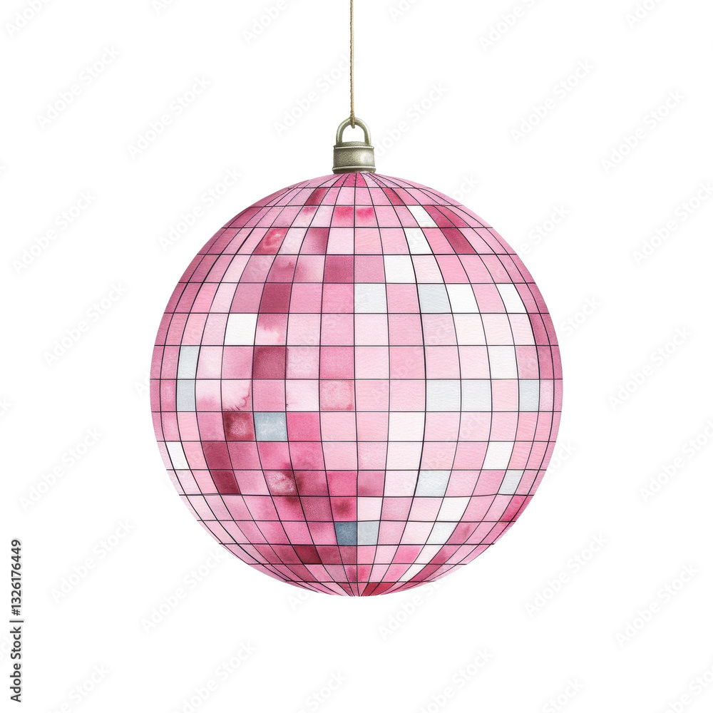 Fototapeta premium Shiny pink disco ball hanging against a white background.