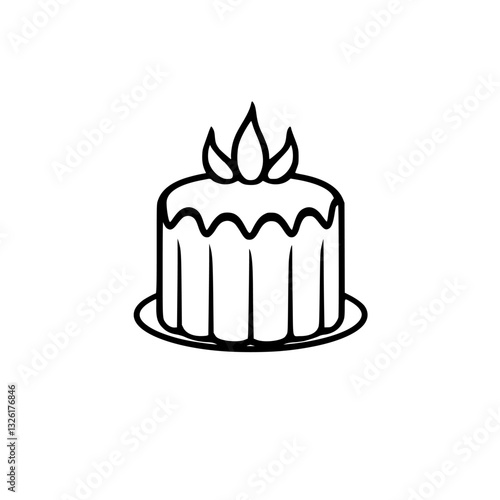 Minimalist black and white illustration of a celebratory cake with wavy icing and leaf-like toppers on a white background, evoking simplicity and joy.