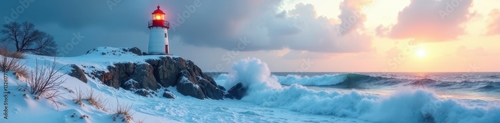 Lighthouse in snowdrift, waves crashing below , nature's fury, cold, architecture Lighthouse in snowdrift, waves crashing below , nature's fury, cold, architecture