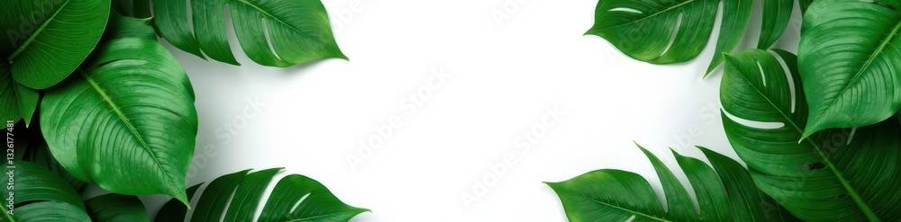 Obraz premium Lush green tropical leaves frame blank white paper on black backdrop, plant, tropical, illustration