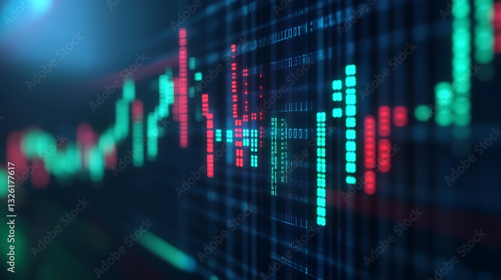 Abstract Financial Data Visualization with Colorful Candlestick Chart and Digital Patterns in Background Abstract Financial Data Visualization with Colorful Candlestick Chart and Digital Patterns in Background
