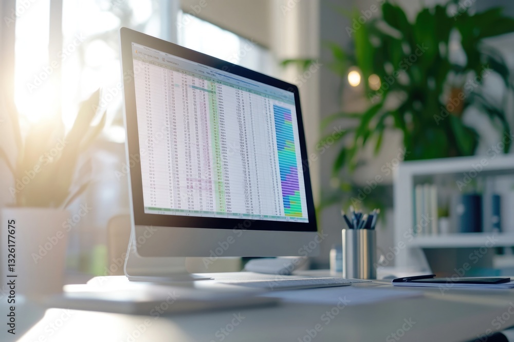 Fototapeta premium A computer monitor sitting on a modern desk with clean lines and minimal decor, suitable for use in office settings or as a background image