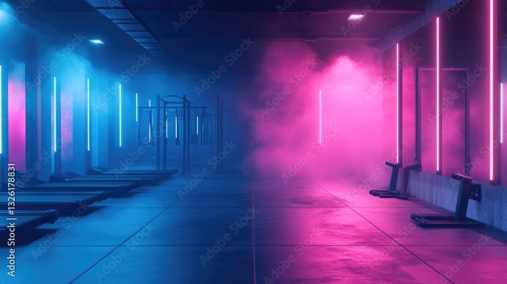 Rowing benches illuminated by neon lights in a fitness center Rowing benches illuminated by neon lights in a fitness center