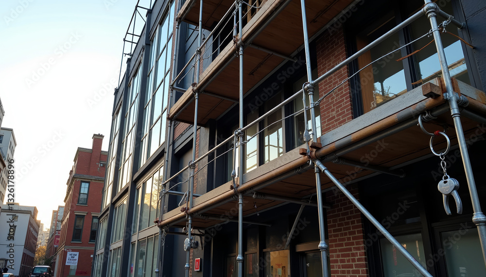 Fototapeta premium Scaffolding setup against urban building at dusk, construction progress