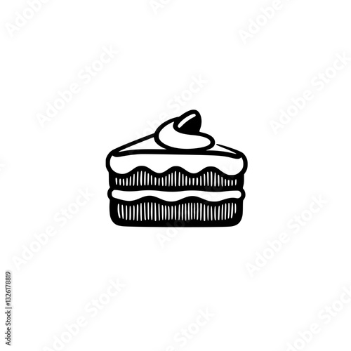A minimalist, monochrome illustration of a layered cake slice with a swirl of cream atop, isolated on white background.