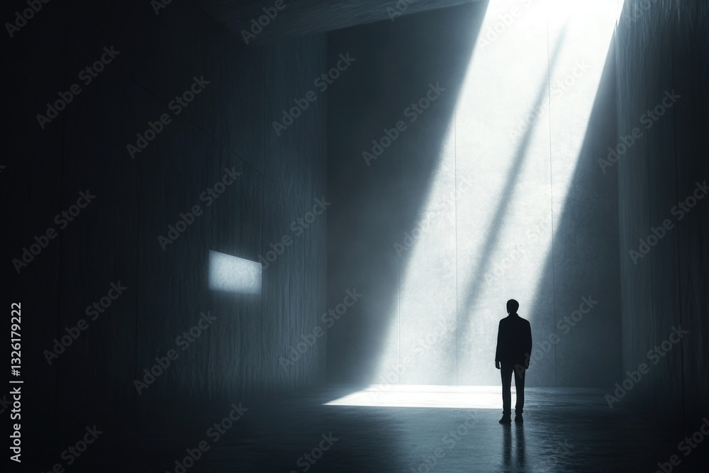 A person stands in a dimly lit room, illuminated by a sliver of light from the window A person stands in a dimly lit room, illuminated by a sliver of light from the window